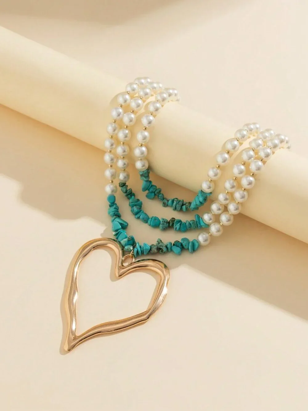 Multicolor Boho Women's Necklace with Turquoise Faux Pearl Heart Pendant